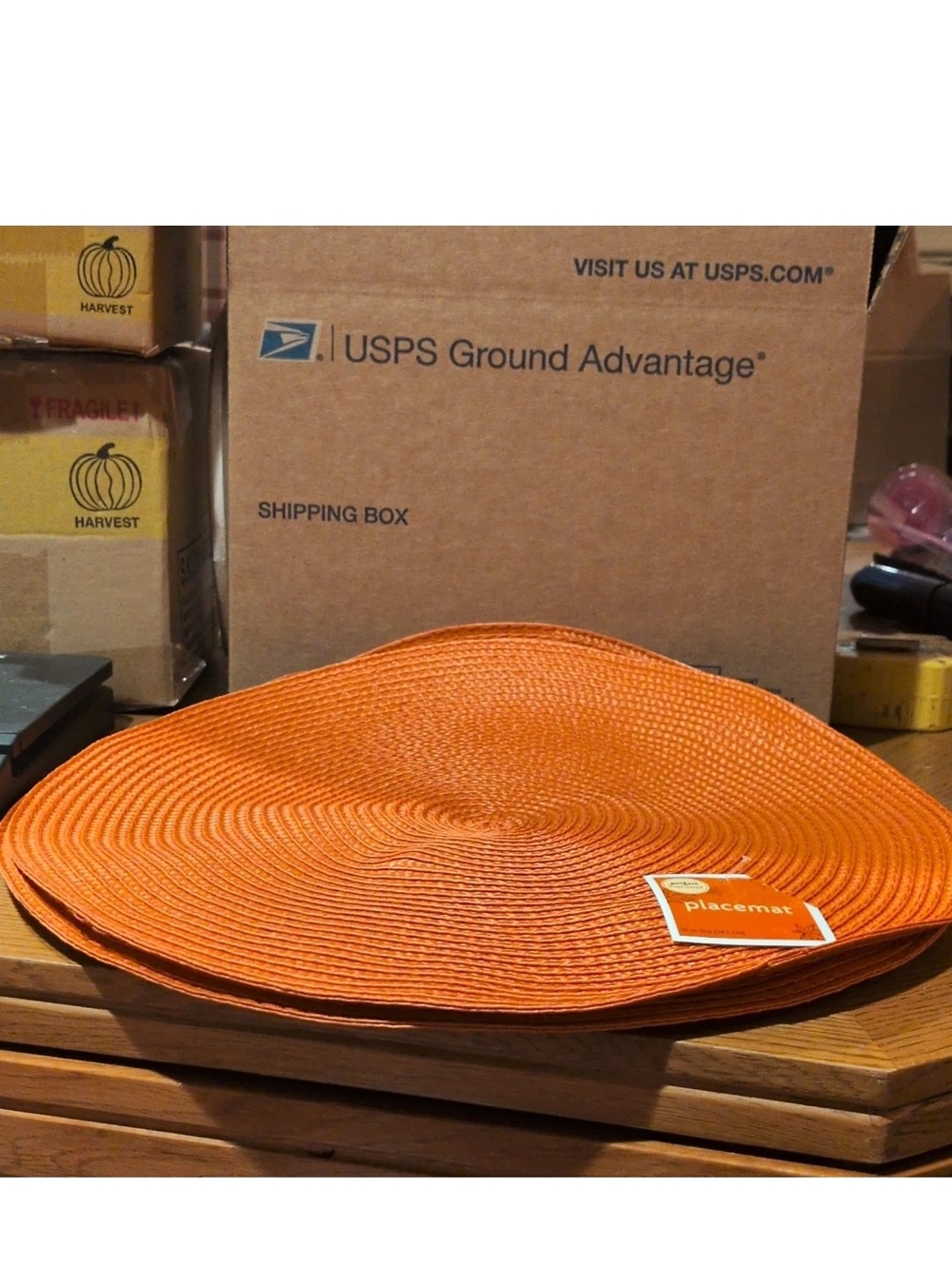 Perfect Harvest Set of 4 Orange Round 15in Woven Placemats Poly Spot Clean